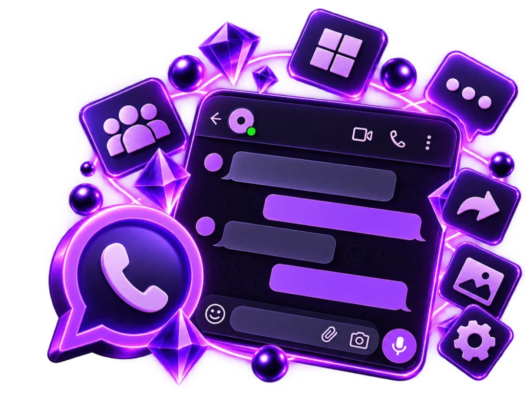 Ilustración violeta de la comunidad de Owicron: una ventana de conversación, símbolo de WhatsApp e iconos de personas y herramientas.