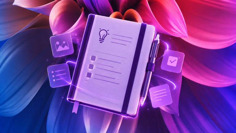 Digital Notes: libreta violeta acompañada de iconos de notas e ideas.
