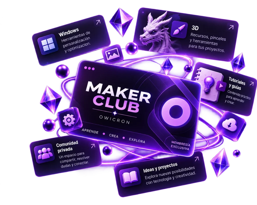 Maker Club de Owicron rodeado de herramientas Windows, arte 3D, tutoriales, comunidad e ideas, con iluminación violeta.
