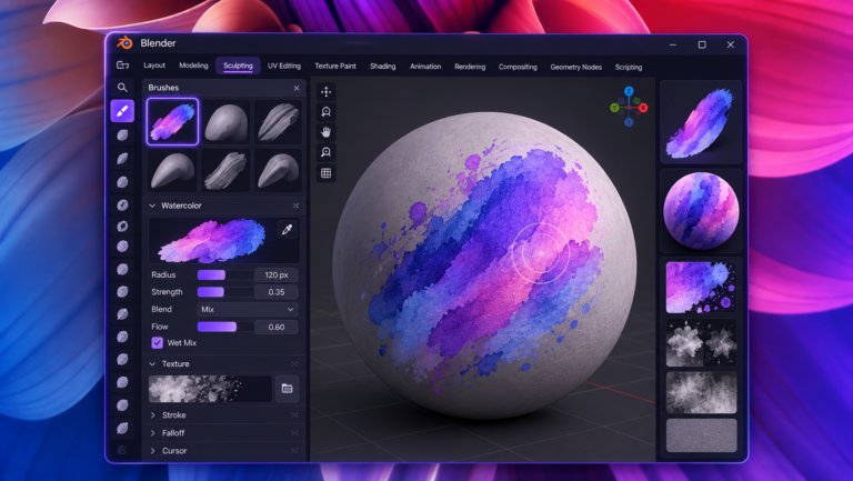 Pincel Acuarela para Blender: esfera con textura de acuarela violeta y rosa.