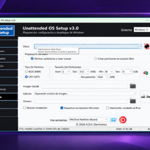 Unattended OS Setup v3.0: pantalla de despliegue de Windows con configuración de disco y particiones.