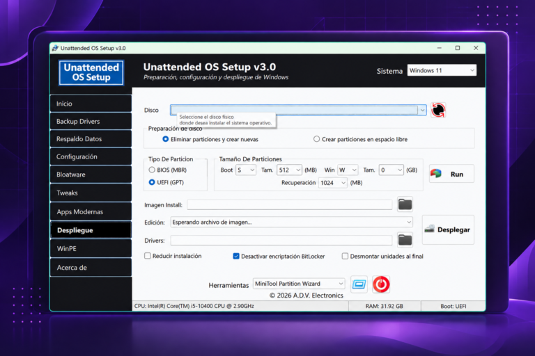 Unattended OS Setup v3.0: pantalla de despliegue de Windows con configuración de disco y particiones.