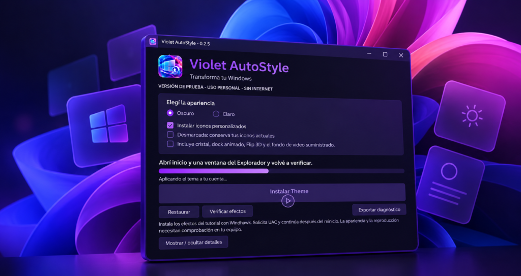 Violet AutoStyle: aplicación de personalización de Windows con interfaz violeta.