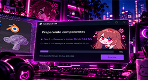 YukiBlend VM de YukiArts: preparación de componentes de Blender en una interfaz violeta.