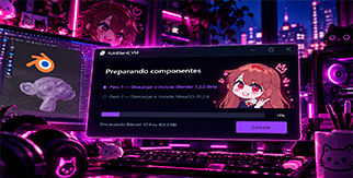 YukiBlend VM de YukiArts: preparación de componentes de Blender en una interfaz violeta.
